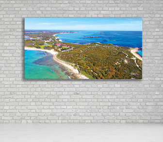 Point Peron aerial view looking out over the stunning coastal landscape of Shoalwater and it's surrounds - this would suit corporate, government and residential wall spaces. This photographic print is available in a range of canvas sizes.